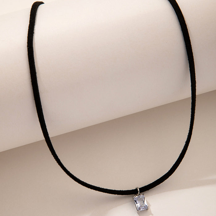 Black Rope Choker Necklace with Square Pendant - Simple and Versatile Accessory