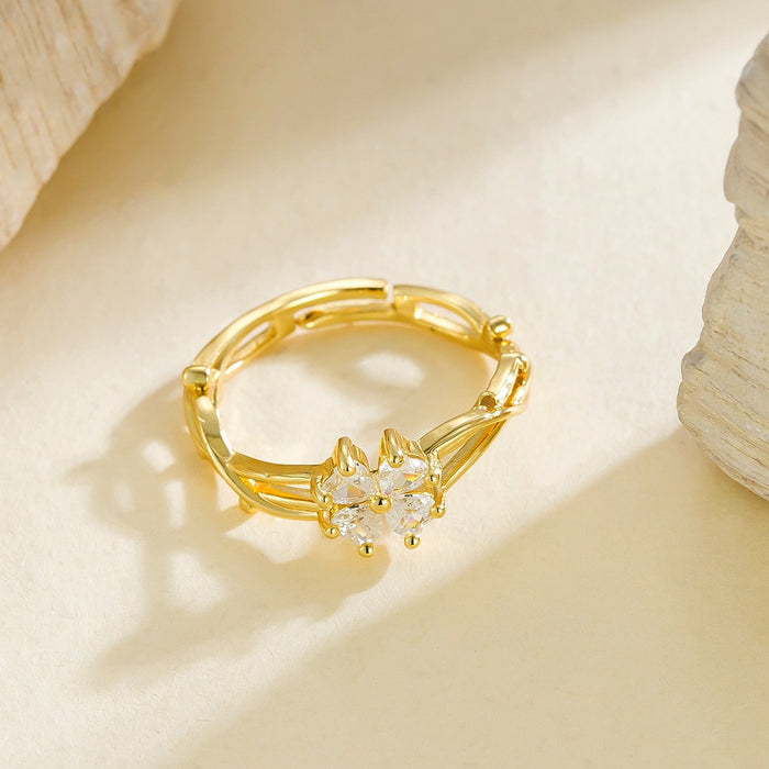 Wholesale zircon heart-shaped four-leaf clover open ring