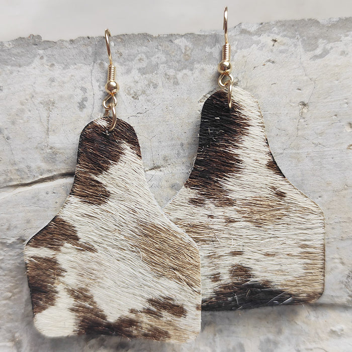 Long Hair Leather Southwestern Style Cow Tag Earrings with Western Cowboy Design