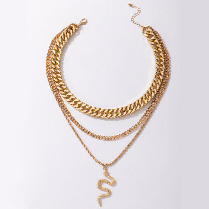 Snake Pendant Multilayer Necklace - Bold Punk Triple-Layer Chain Set