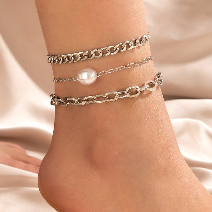 Baroque Pearl Triple-Layer Anklet with Geometric Chain Design