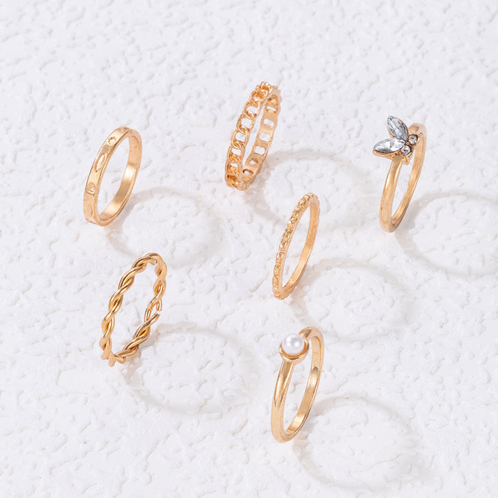 Butterfly diamond pearl ring set, geometric irregular braided pattern six-piece set