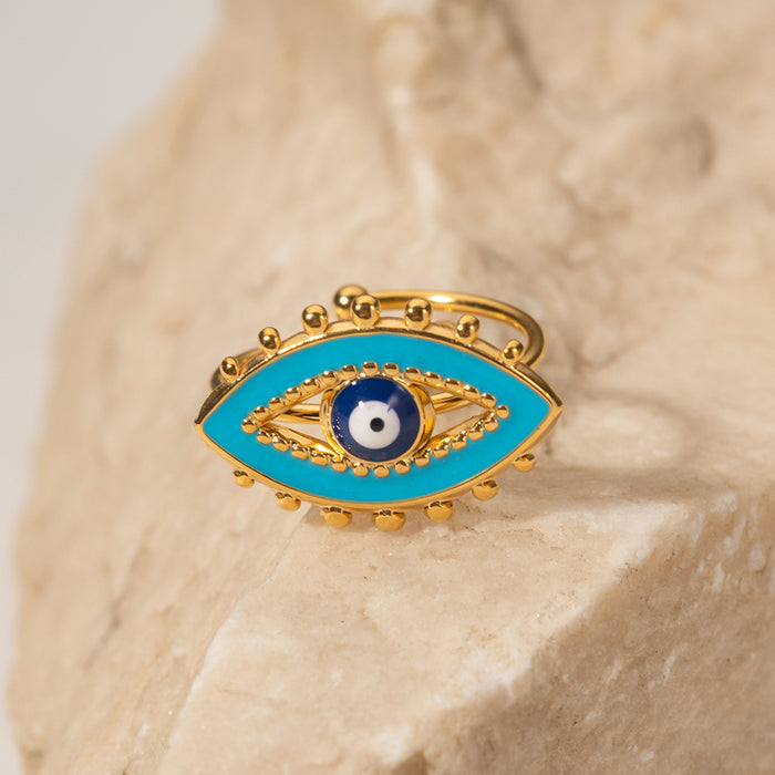 18K Gold Plated Stainless Steel Blue Enamel Evil Eye Ring - Fashionable and Tarnish-Resistant