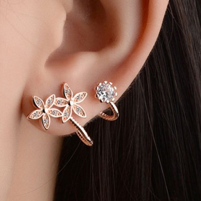 Women's double ear piercing flower zircon earrings one-piece ear clip