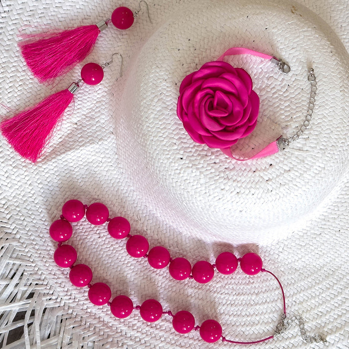 Conjunto de collar con lazo de rosa roja y pulsera de cuentas acrílicas: joyas para mujer con aretes a juego