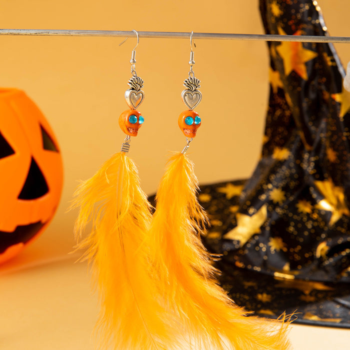 Orange tassel feather earrings skull heart Halloween personality earrings for women