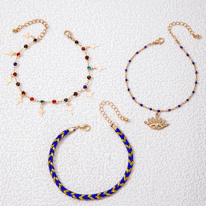 Ethnic Rope Anklet Set with Colorful Eye Pendant - Boho Style Foot Jewelry