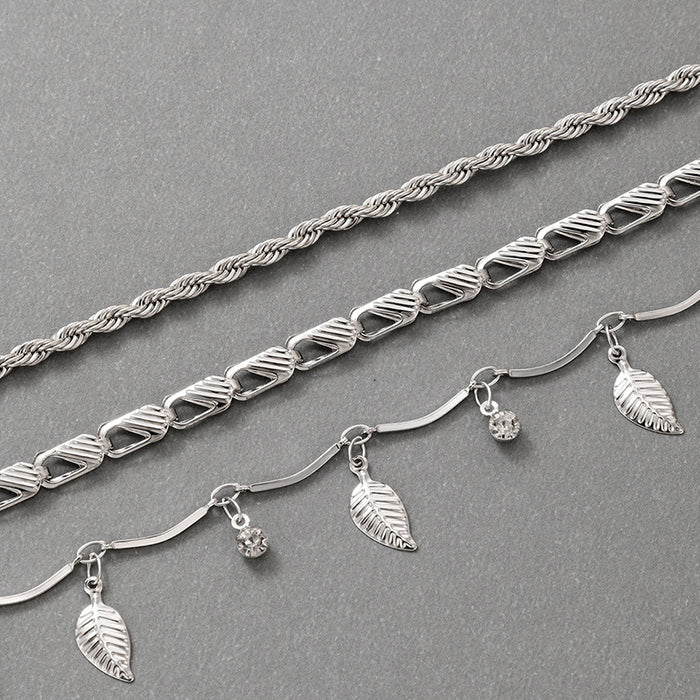 Geometric Leaf and Diamond Alloy Multi-Layered Bracelet Set