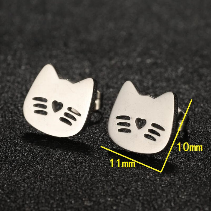 Cat and Heart Hollow Stainless Steel Stud Earrings - Cute and Playful Animal Jewelry