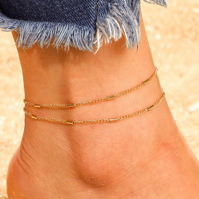 Simple Alloy Chain Double-Layer Anklet with Geometric Design