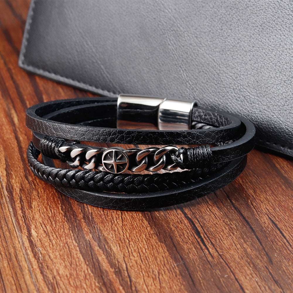 Bracelet Stainless Steel Vintage Braided Genuine Leather