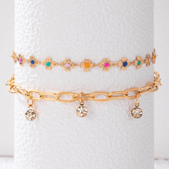 Colorful Enamel Flower Double-Layer Anklet with Crystal Chain Design