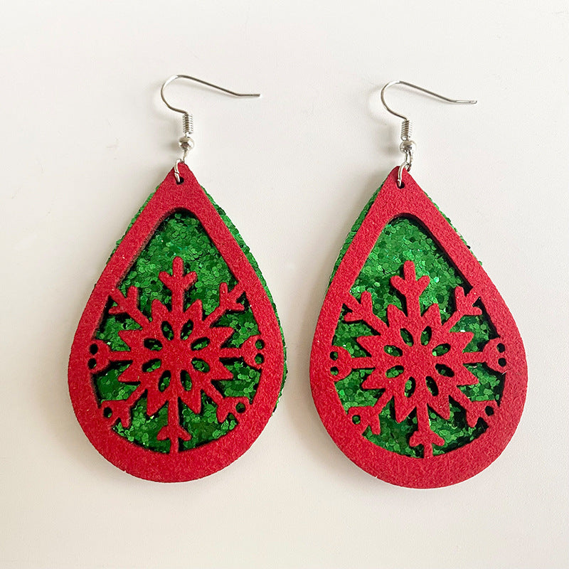 Christmas Teardrop Double-Layer Glitter Leather Earrings with Snowman and Reindeer