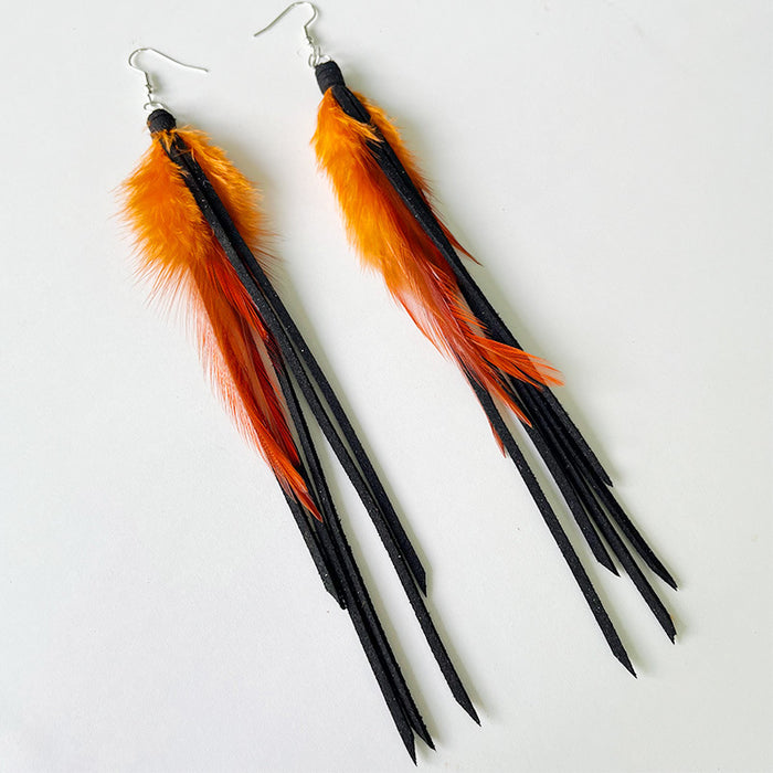 Bohemian Leather Tassel Earrings with Natural Feather Design