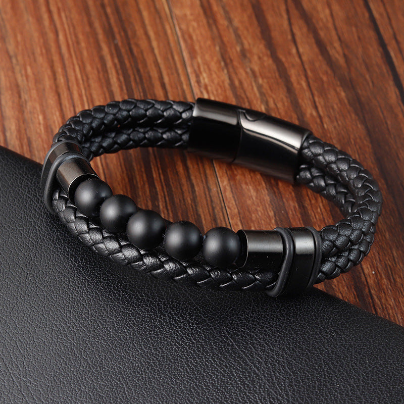 Bracelet Stainless Steel Leather Woven Natural Stone - wallojewerly 