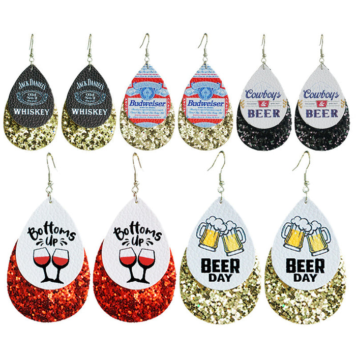 Party Leather Earrings with Beer, Wine, and Whiskey Themes