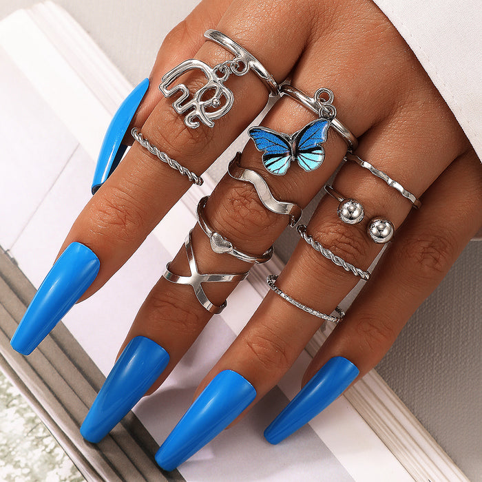 Butterfly elephant retro love 10-piece silver ring for women