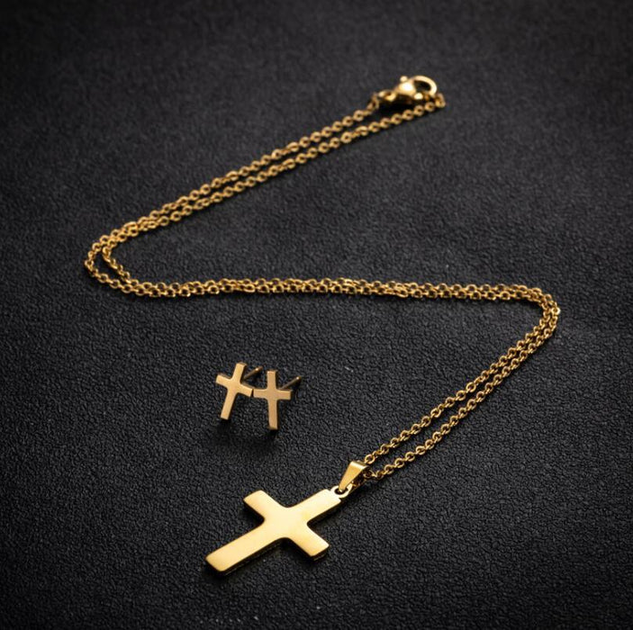 Cross geometric earring necklace set, ins style hip-hop retro stainless steel jewelry wholesale