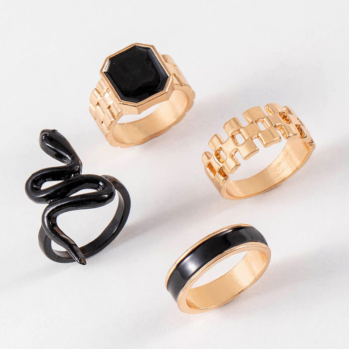 Trendy Enamel Snake Ring Set - Retro Geometric Open Four-Piece Set