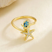 Wholesale oil-splashed turtle and starfish micro-painted zircon rings - wallojewerly 