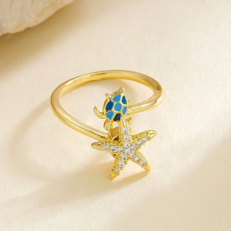 Wholesale oil-splashed turtle and starfish micro-painted zircon rings - wallojewerly 