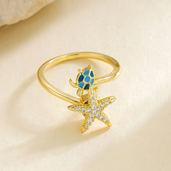 Wholesale oil-splashed turtle and starfish micro-painted zircon rings