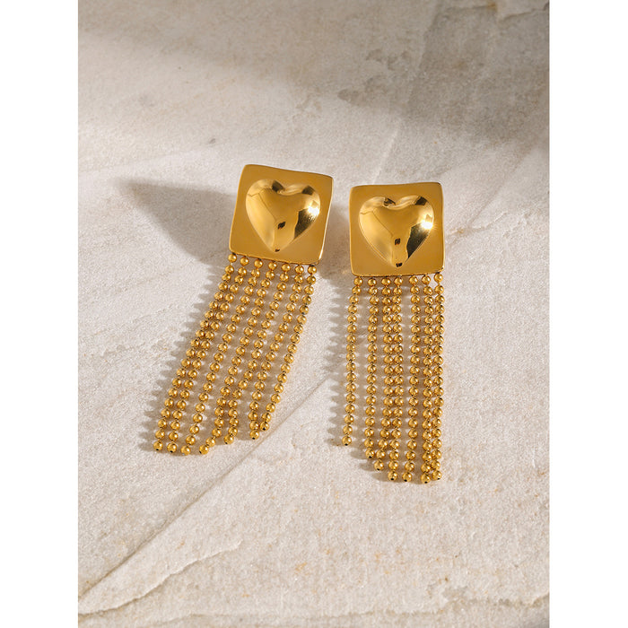 18K Gold Stainless Steel Square Earrings with Heart Pendant and Tassels - Asymmetric Design