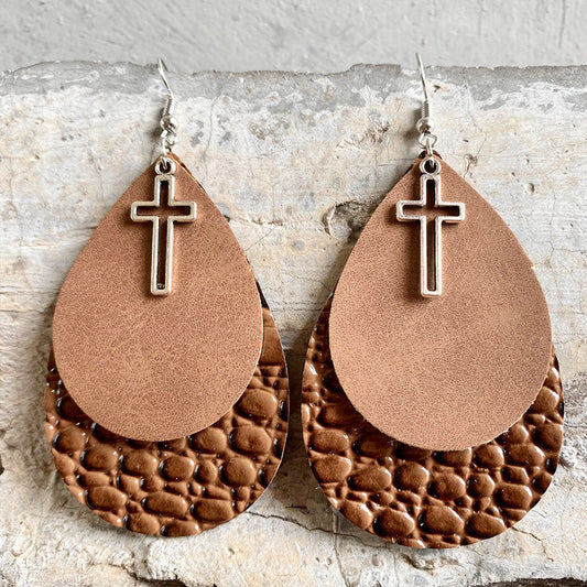 Double Layer Teardrop Cross Crocodile Pattern Leather Earrings