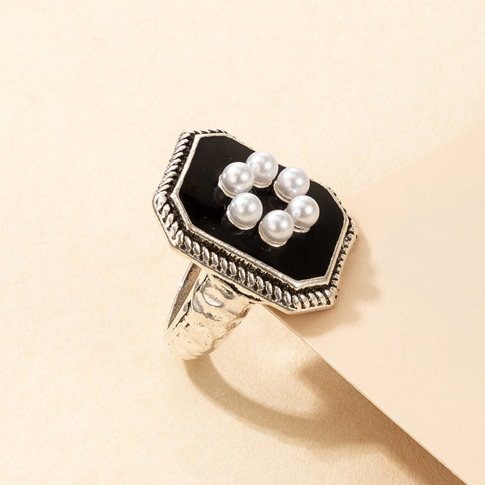 French court style black glaze pearl flower ring