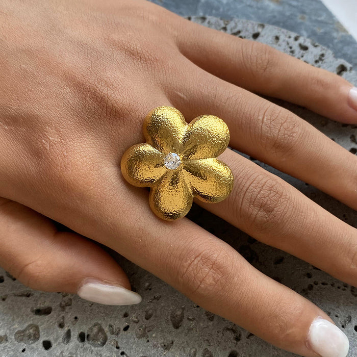 18k gold stainless steel flower brushed ring