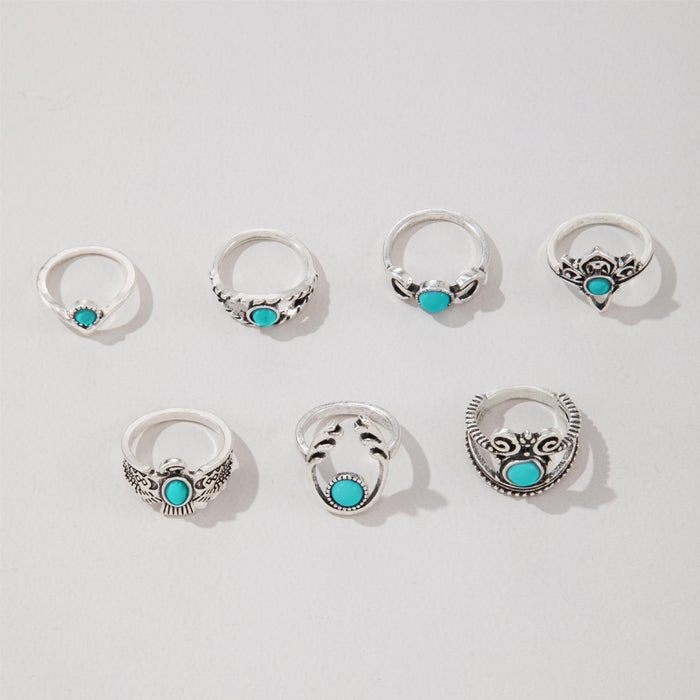 Vintage Turquoise Owl Eye Ring Set - 7pcs Exaggerated Rings