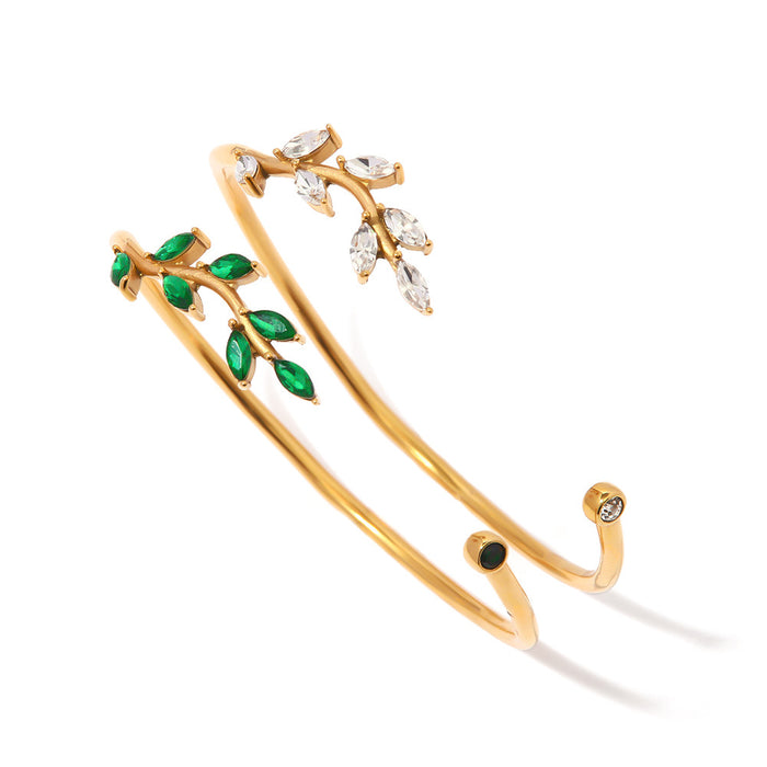 Fashionable Titanium Steel Bracelet - 18K Gold Plated Green Zircon Leaf Open Jewelry for Women