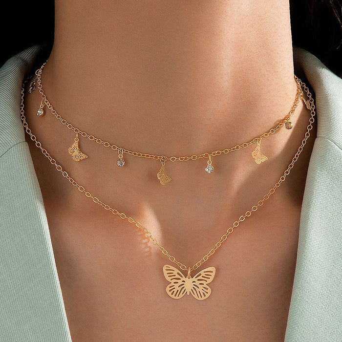 Double Layered Hollow Butterfly Rhinestone Necklace - Elegant and Dainty Design