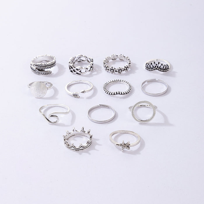 Silver flower geometric cold style ring multi-piece set