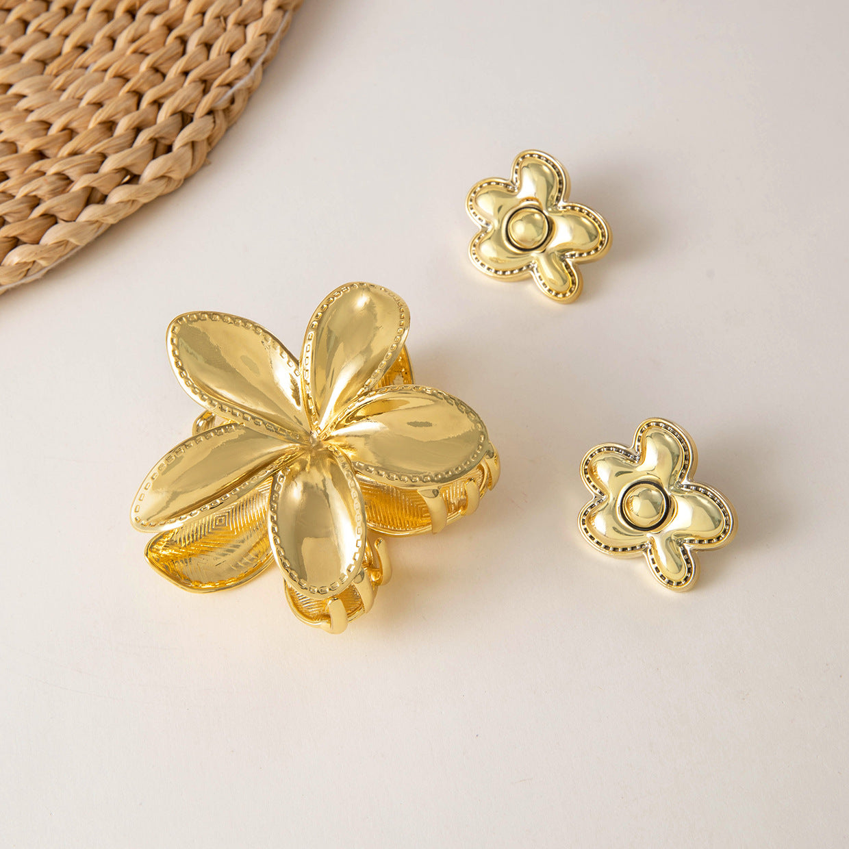 Eco-Friendly Alloy Gold Flower Earrings and Hair Claw Clip Set - Five-Petal Flower Jewelry for Women