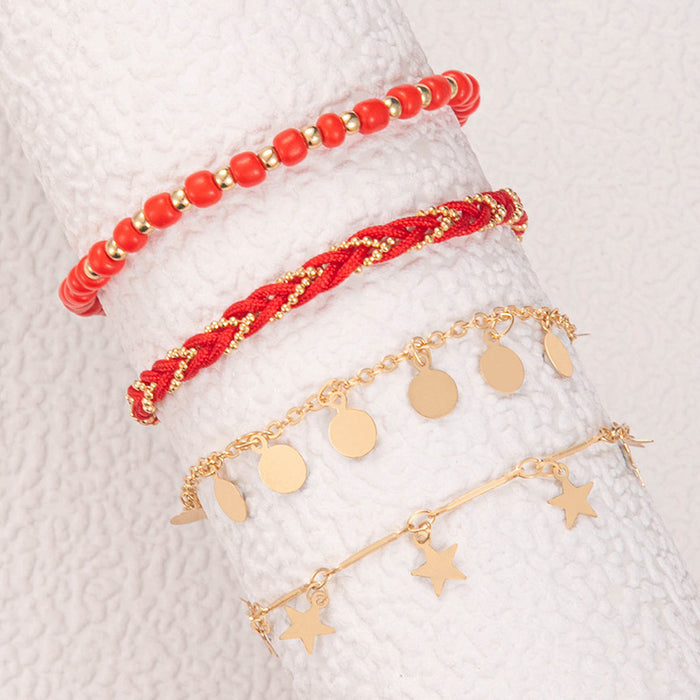 Red Star Woven Rope Anklet Set with Tassels - Multilayer Beaded Jewelry