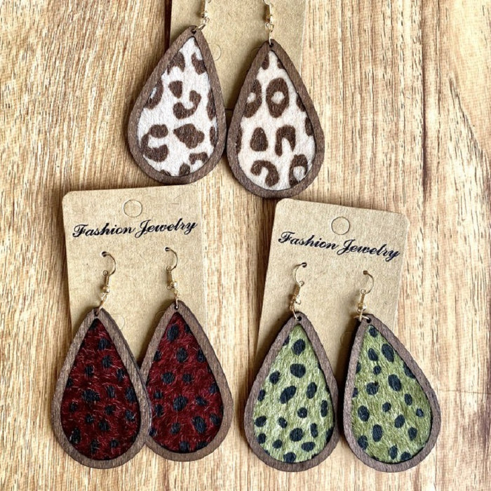 Wooden leopard print earrings