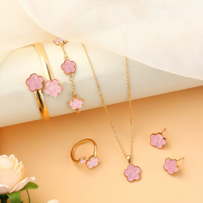 Wholesale 5-piece set of five-petal flower necklace, bracelet, bangle, earrings, and ring - wallojewerly 