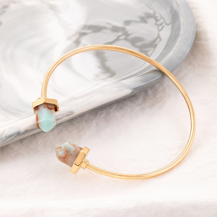 Simple Natural Stone Embedded Bracelet - Ethnic Hexagonal Prism Open Bangle