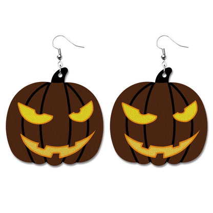 Creative Halloween PU Leather Earrings with Pumpkin and Bat Design