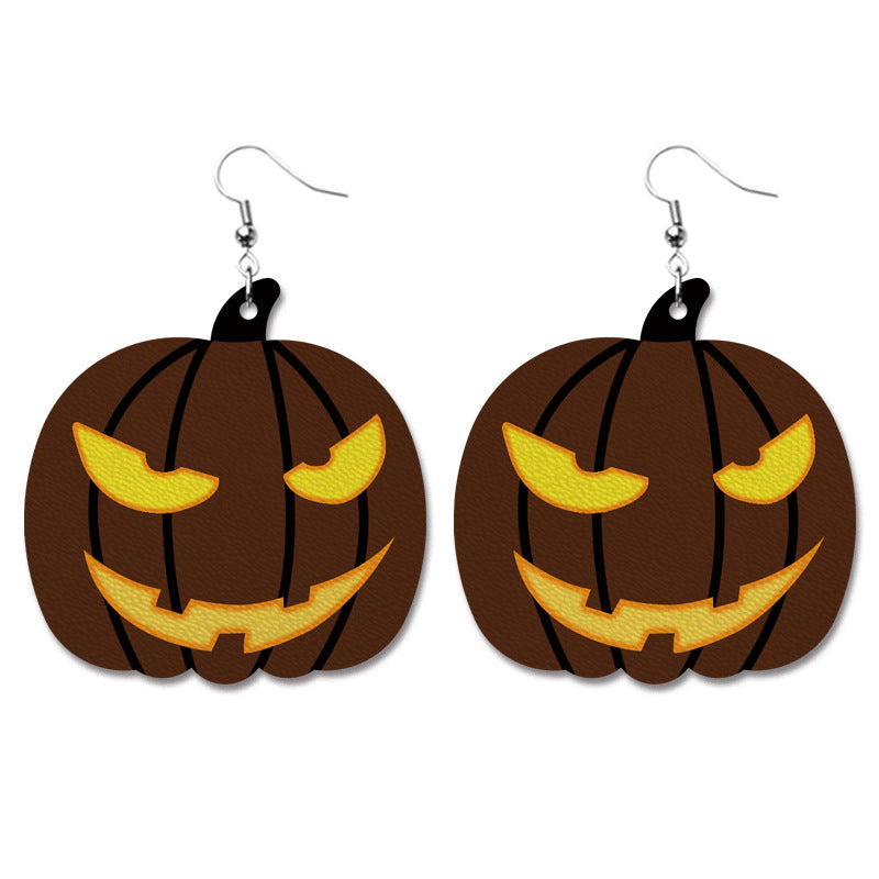 Creative Halloween PU Leather Earrings with Pumpkin and Bat Design - wallojewerly 