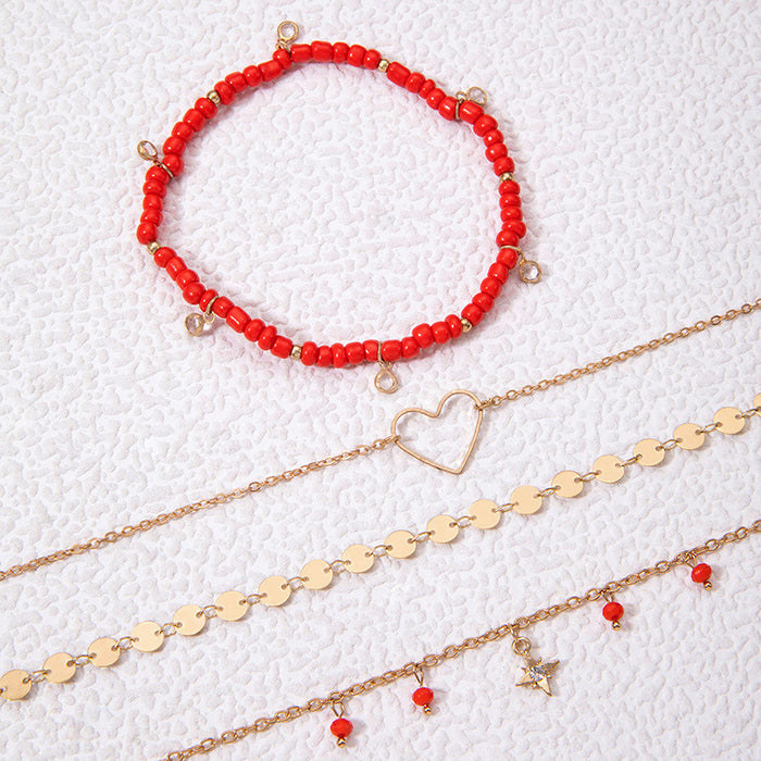 Fashionable Layered Heart Pendant Anklet Set – Rhinestones for a Chic Style