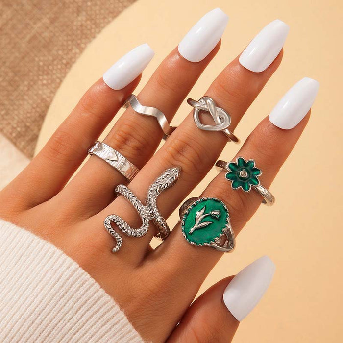 Bohemian Snake Green Oil Drop 6-Piece Ring Set