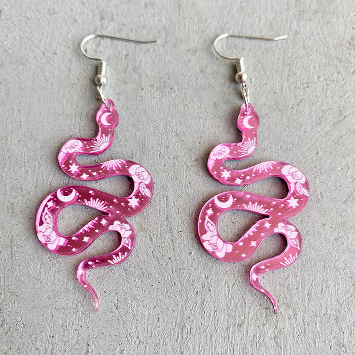 Spring Summer Floral Snake Earrings with Pink Mirror Surface Design