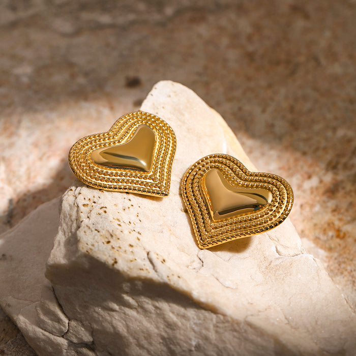 18K Gold Plated Stainless Steel Heart Earrings with Surrounding Beads - Trendy Fashion Jewelry