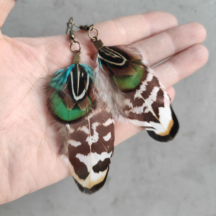 Bohemian Feather Earrings with Multi-Layer Green Leopard Feather Design