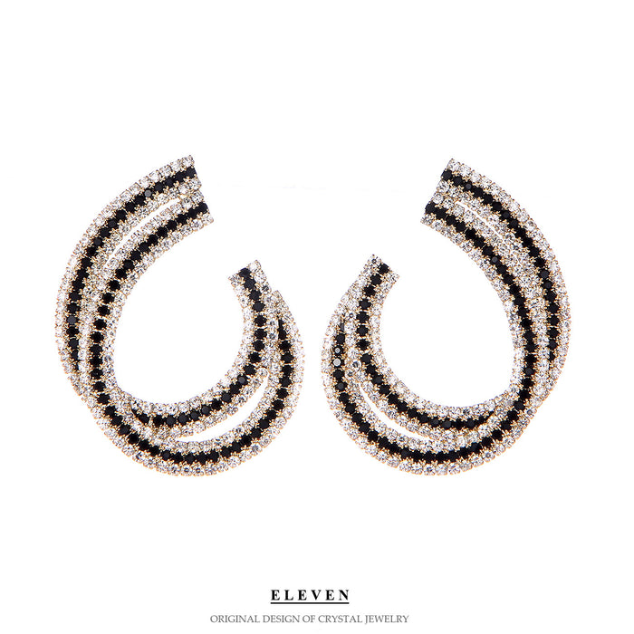 Luxury C-Shaped Zircon Earrings - Elegant Black and White Studs for Women