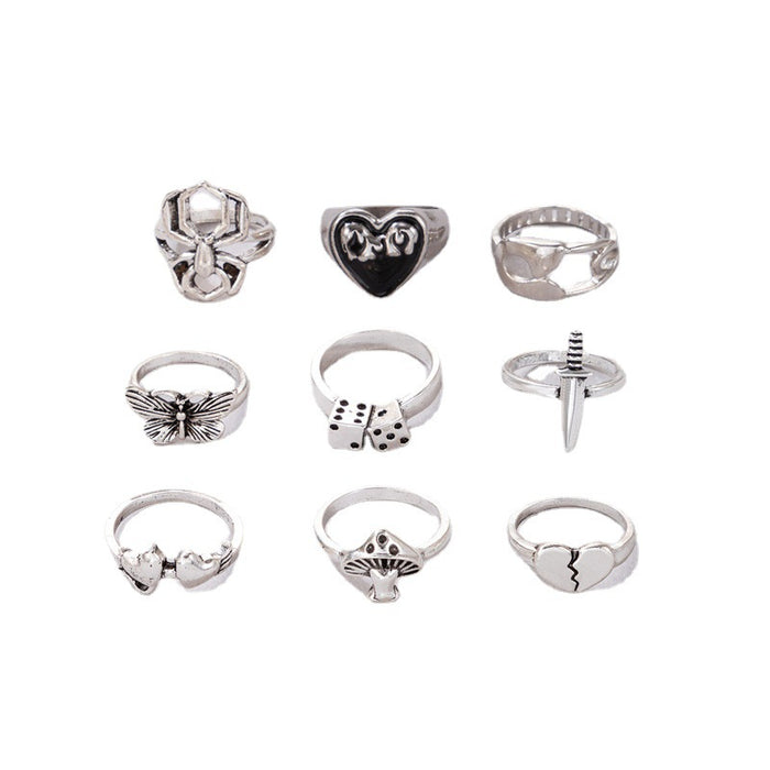 Gothic Butterfly Ring Set - 9-Piece Sword and Mushroom Rings