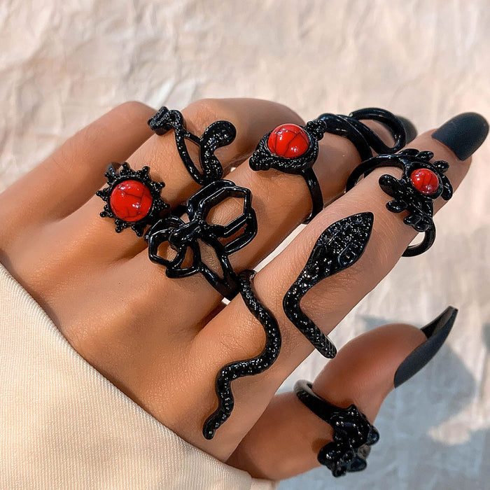 Juego de anillos Dark Punk: conjunto de ocho piezas con calavera, araña y serpiente turquesa