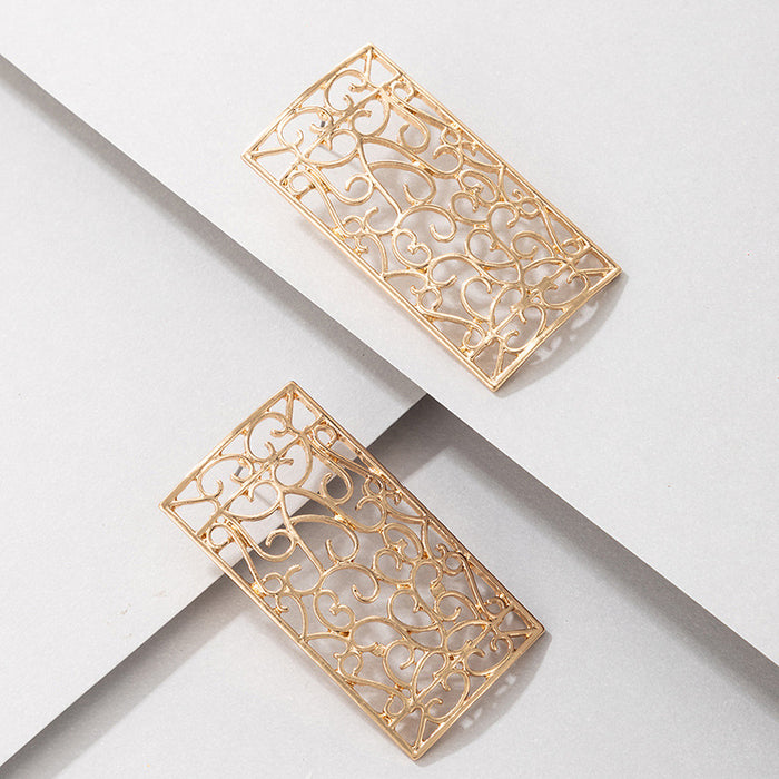 Rectangular hollow carved earrings gold temperament earrings